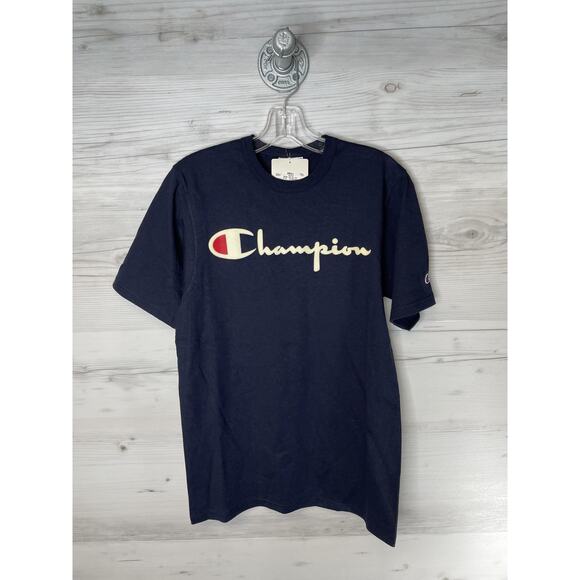 Champion Shirt Mens Small Navy Script Logo Crewneck Short Sleeve Cotton GT19 - Picture 1 of 10